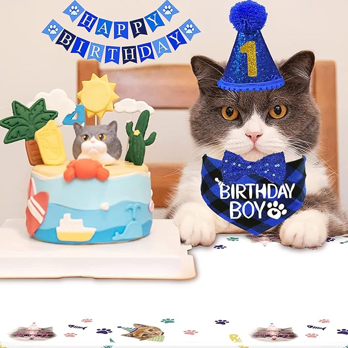 STMK Cat Birthday Party Supplies, Cat Birthday Hat with Numbers Bandana Bow Tie Collar Banner for Cats Kittens Birthday Outfit Decorations