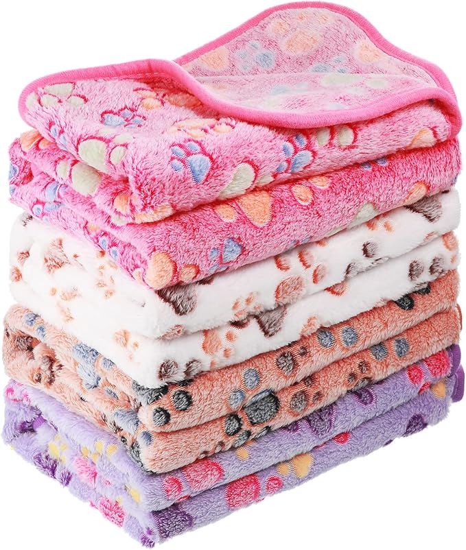 Tatuo 4 Pcs Dog Blanket for Pet Cat Blankets Indoor Puppy Teething Stuff Toys Paw Print Fleece Soft Blanket Sleep Mat for Guinea Pig Cage(White, Coffee, Pink, Purple,Midwest (24 x 47 Inch),Square)