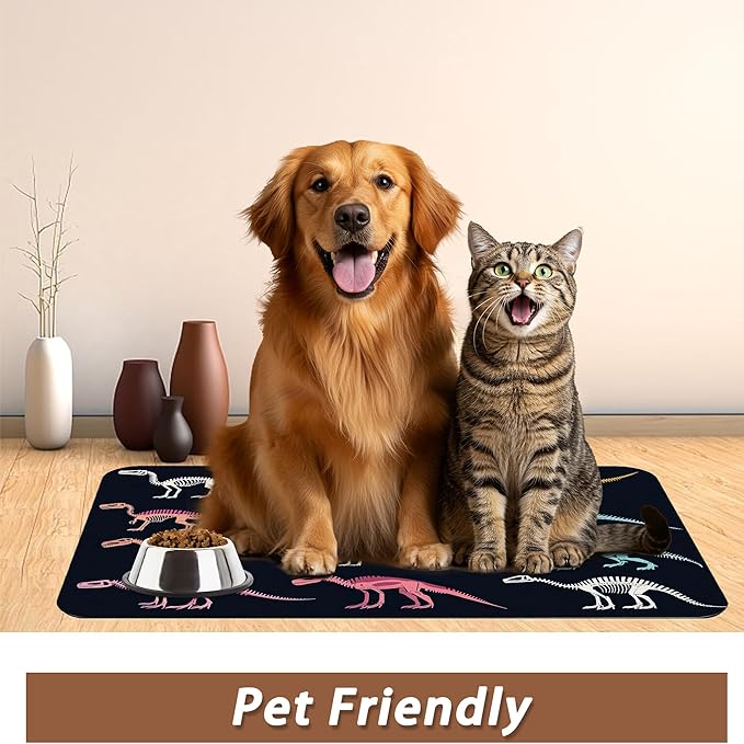 Dinosaur Skeleton Dog Cat Food Mat,Vintage Color Absorbent Pet Feeding Mat with Rubber Backing,Non-Slip Water Bowl Placemat,Indoor Pet Accessories Supplies 16"x24"