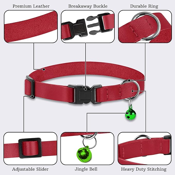 Breakaway Cat Collar with Bell - Leather Adjustable Kitten Collars with Safety Quick Release Buckle - Soft Small Pet Collars for Girl & Boy Cats (Red)