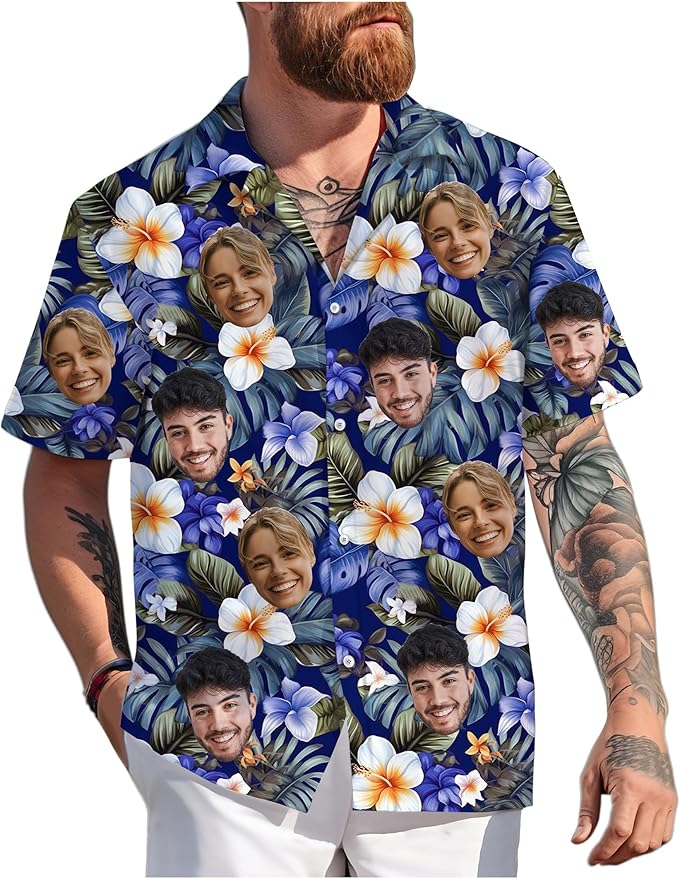 Custom Hawaiian Shirt with Face Photo Picture for Men Women Kids Youth Adult, Tropical Personalized Hawaiian Shirts Gift