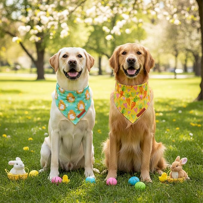 ADOGGYGO Easter Dog Bandana 2 Pack, Bunny Egg Carrot Print Pet Scarf Bib, Adjustable Fit Green Yellow Easter Bandanas for Extra Large Dogs (X-Large)
