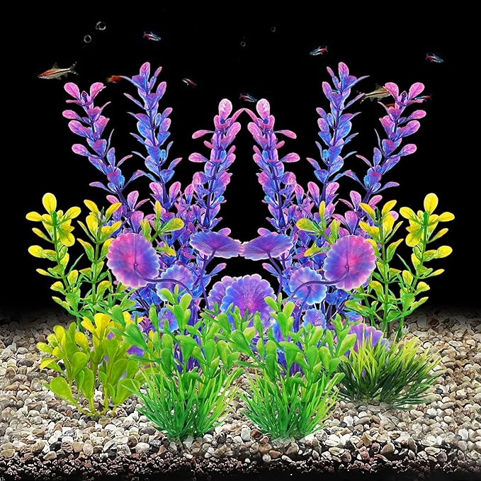 AQUANEAT Artificial Fish Tank Plants, Plastic Aquarium Decorations, Purple Accessories, 10pcs