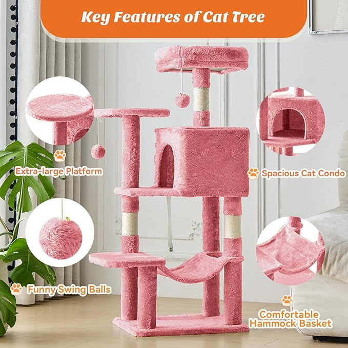 Sweetcrispy 44 Inch Cat Tree Tower, Cat Climbing Tower with Natural Sisal Scratching Posts, Hammock, Pet Condo for Indoor Cats and Kittens Play, Pink