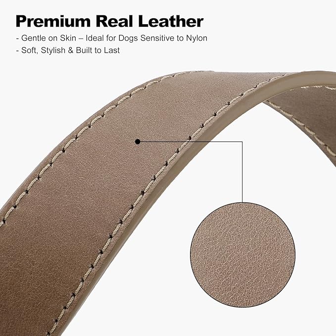 Plutus Pet Genuine Leather Dog Collar – Adjustable Pet Collar with Quick Release Metal Buckle, Soft Real Leather for Small Medium Large Dogs, Heavy Duty & Skin-Friendly (Ash Brown, M)