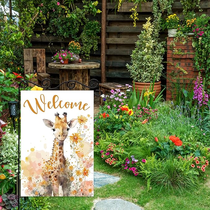 Giraffe Welcome Garden Flag,Welcome Spring Cute Giraffe Garden Flag,Pet Wild Cartoon Animals Quote Birthday Yard Outdoor Decor.12x18 inch