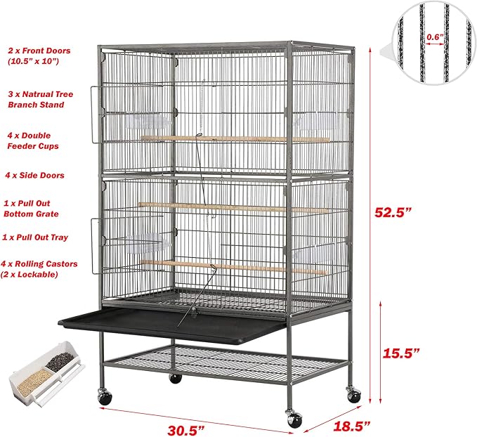 Extra Large Wrought Iron Breeding Flights Canary Parakeet Cockatiel Lovebird Finches Parrot Home Cage Double Large Front Doors 4 Side Doors Bottom Storage Shelf On Lockable Wheels