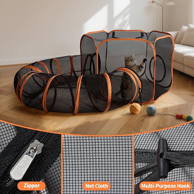 Outdoor Cat Enclosure with Circle Tunnel for Kitten Kitty Run - Portable Cat Playpen Tent Outdoor Indoor Pet Tent for Outside Small Animals