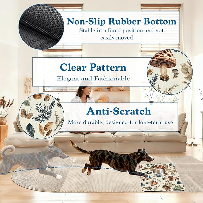 Vintage Mushroom Floral Dog Cat Food Mat–Christmas Stocking Absorbent Waterproof Placemat for Food and Water Bowls, Non Slip Rubber Backing, Feeding Mat for Clean Floors 12"x20"