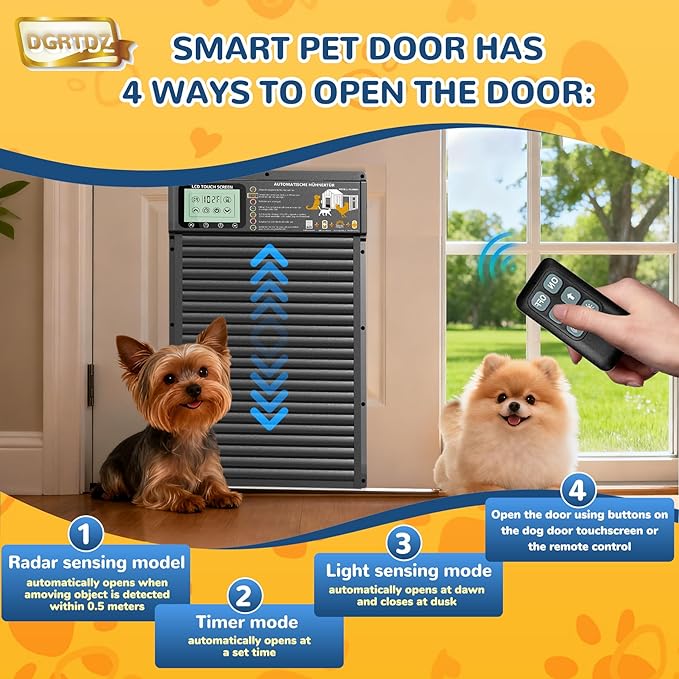 Dog Door, Solar & USB Rechargeable Pet Door, Radar, Timer & Light Sensor Modes Doggy Door, Durable Aluminum & Weatherproof 10"×13" Doggie Door, for Small Dogs, Cats, Pets Up to 45 lb-Black