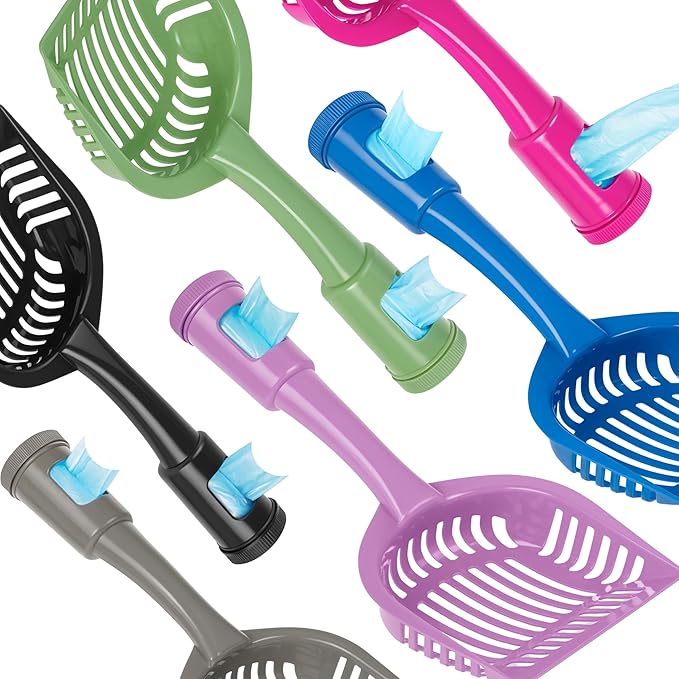 2-in-1 Pooper Scooper with Bag Attachment, Cat Litter Shovel Scoop with Bag, Built-in Dispenser, Includes Trash Roll, Rinse-Clean, Anti-Stick, Smart Sifter, Long Handle (Lilac)