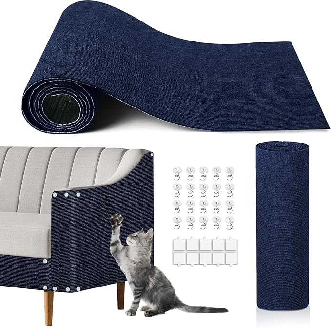 Cat Scratching Mat, 118.5"x15.9" Trimmable Self-Adhesive Cat Scratch Carpet, Couch Protector from Cats Claws, Furniture Corner Protectors for Cats, Indoor Furniture Protection for Chair (Dark Blue)