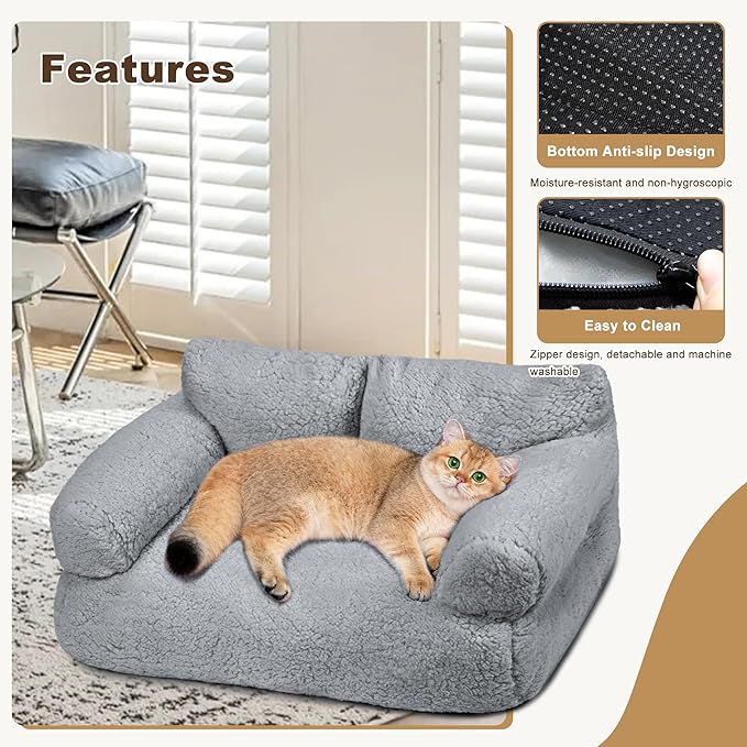 Large Cat Beds for Indoor Cats, Dog Couch Bed, Cute Cat Couch Sofas for Less 20lbs Kitten Puppy, Small Dog Sofas & Chairs with Removable Washable Cover, Soft Warm Pet Furniture, Pale Gray