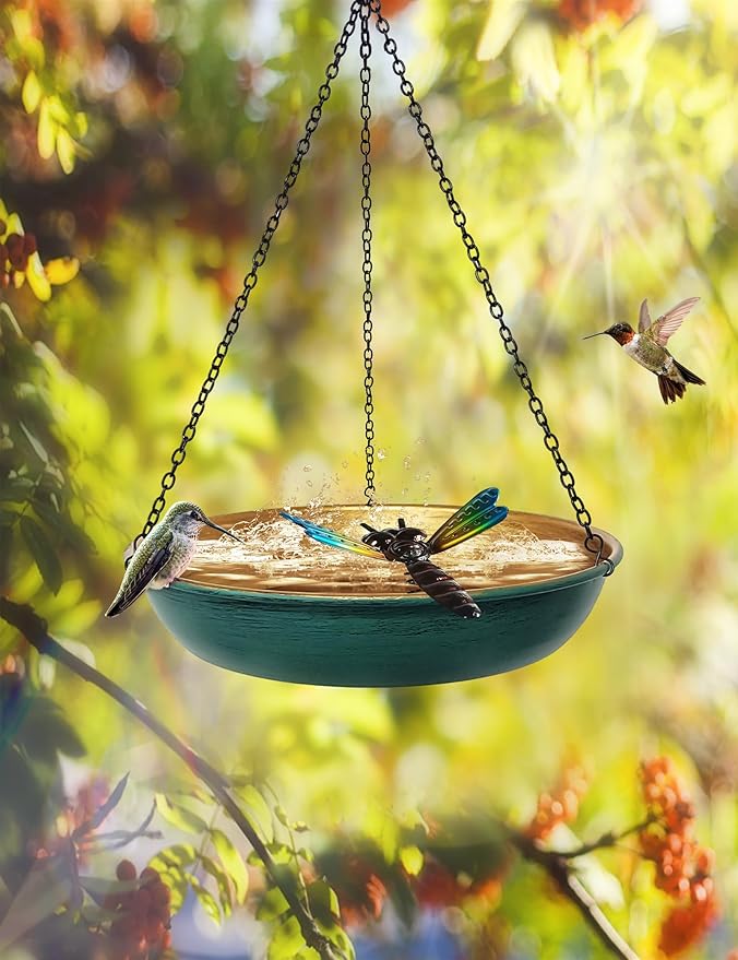 Hanging Birdbath Bird Feeder for Outdoor 11 Inch Green/Bronze Cute Metal Bird Bath Bowl with Detachable Black Chain Metal Dragonfly Backyard Birdbath Garden Decor