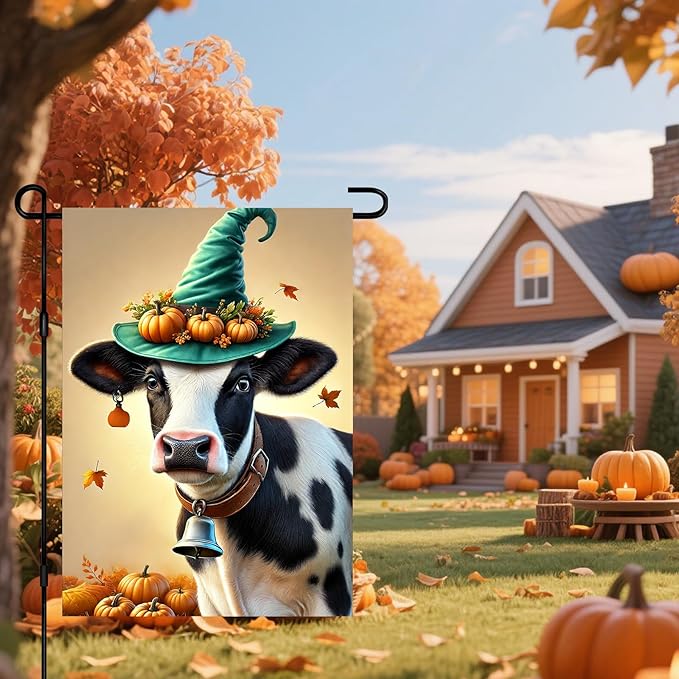 Happy Fall Garden Flag Halloween Flag Cute Cow Calf 12x18 Inch Witch Hat Pumpkins Autumn Leaves Festive Double Sided Outdoor Banner For Front Yard Porch Lawn Patio Seasonal Home Decor