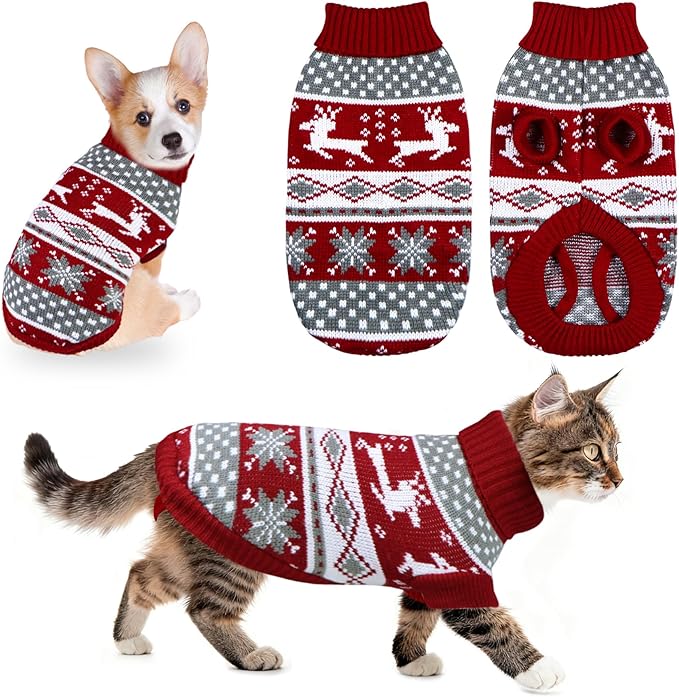 Cat Dog Christmas Sweater Pet Winter Warm Coat Pajamas Small Dog Sweaters Reindeer Snowflake Christmas Sweater for Large Cats Small Dogs (Reindeer, L)