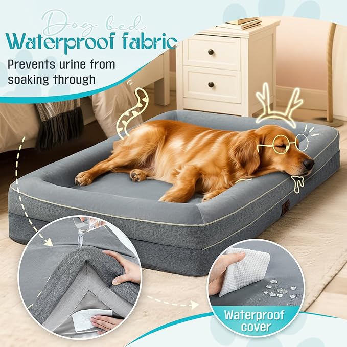 Waterproof Memory Foam Dog Beds for Extra Large Dogs Non-Slip Orthopedic Dog Beds Washable Couch Pet Bed with Removable Cover (Grey, X-Large)