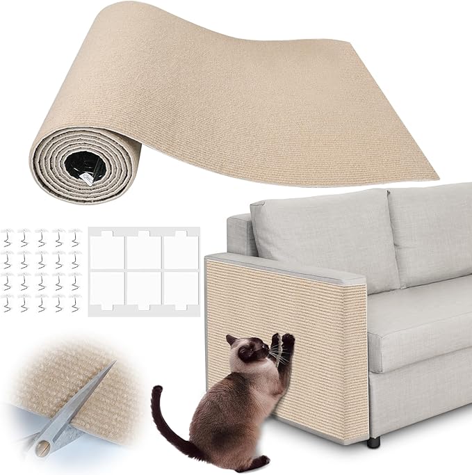 Cat Scratch Furniture Protector - 100" x 13.8" Trimmable Self-Adhesive Cats Claws Scratch Pads, DIY Cat Climbing Couch Protector for Scratch Post Cat Tree Replacement Indoor (Khaki)