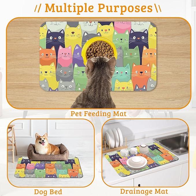 Cute Colorful Cats Dog Food Mat, Absorbent Pet Feeding Mat for Food and Water Bowl,Quick Dry Dog Placemat Non Slip Rubber Backing Waterproof Pet Supplies 12" x 20"