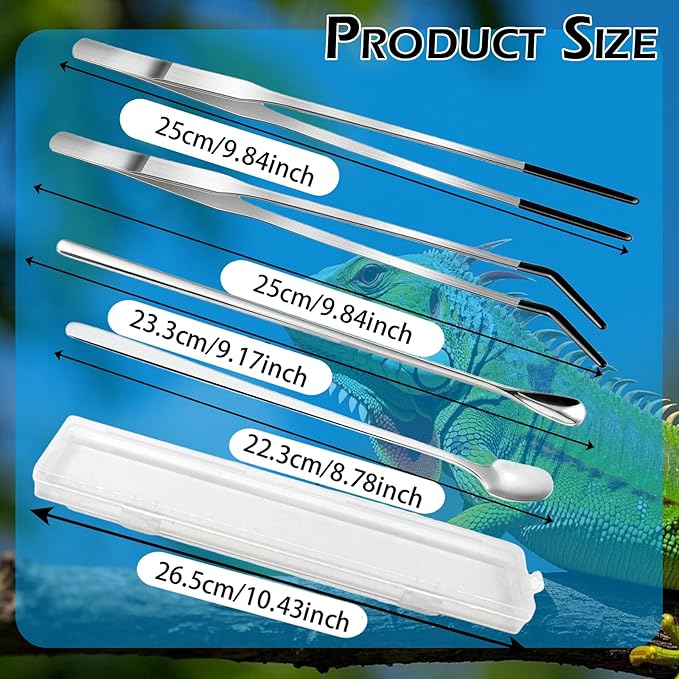 4-Piece Stainless Steel Reptile Feeding Tongs & Spoons Set – Curved/Straight Tweezers,Spoons, Rubber Tips for Bearded Dragons,Aquarium/Terrarium Safe Feeding Tools