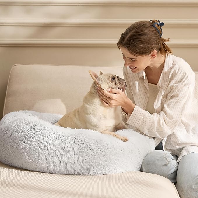 Bedsure Calming Dog Bed for Extra Large Dogs - Donut Washable Large Pet Bed, 45 inches Anti-Slip Round Fluffy Plush Faux Fur Dog Bed, Fits up to 120 lbs Pets, Frost Grey