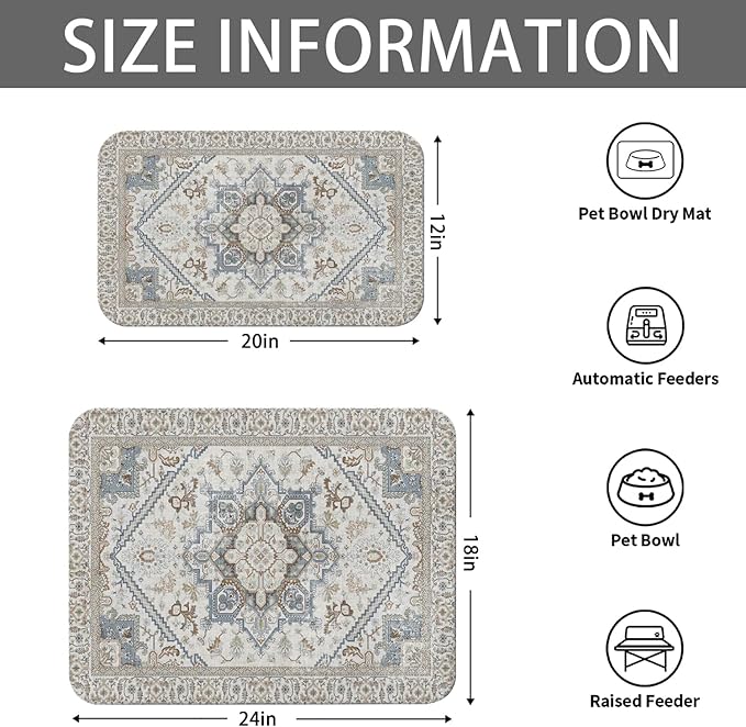 2 Pack Dog Food Mats for Floors, Absorbent and Quick-Drying Pet Cat Food Mat,Anti-Fouling and Easy-to-Clean Pet Feeding Mat,Dog Bowl Mat for Messy Drinking Water Bowls.12 x20+18"x24", Bohemia Style