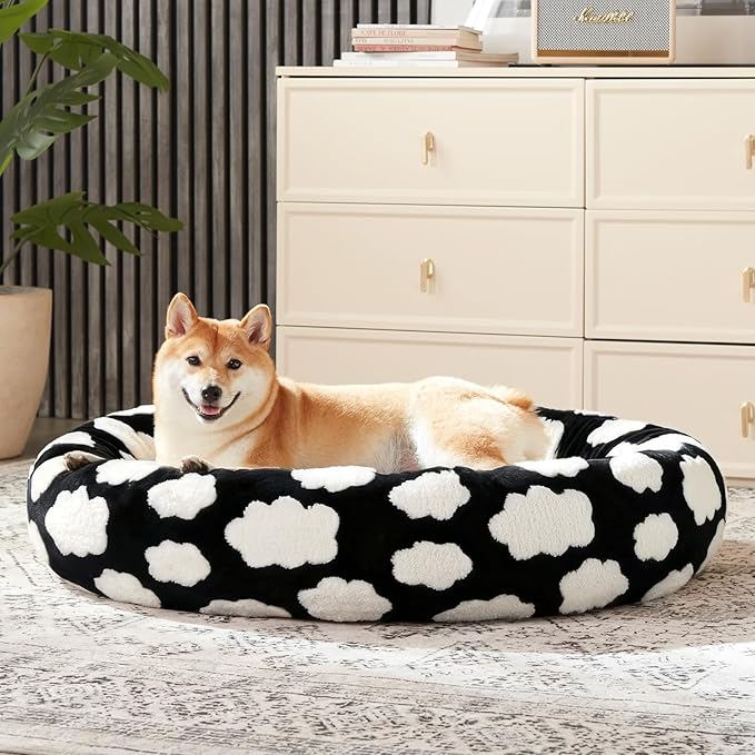 JOEJOY Donut Calming Small Dog Bed, Round Cat Beds for Indoor Cats with Removable Washable Cover, 23In Orthopedic Cute Puppy Kitten Pet Bed with Jacquard Shaggy Plush & Non Skid Bottom, Black