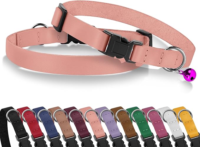 Breakaway Cat Collar with Bell - Leather Adjustable Kitten Collars with Safety Quick Release Buckle - Soft Small Pet Collars for Girl & Boy Cats (Rose)