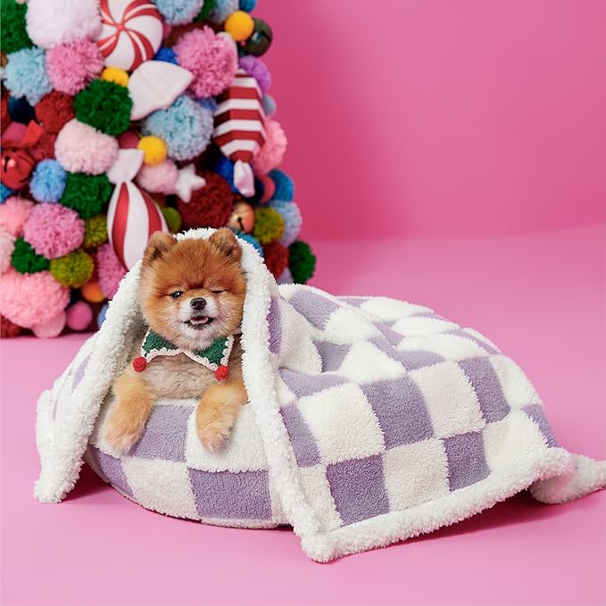 LE SURE Waterproof Puppy Blanket for Small Dogs - Washable Double Sided Dog Blankets with Warm Jacquard Shag and Soft Sherpa Fleece, Pet Cat Blanket for Couch Protection, 3D Textured Cloud, Purple