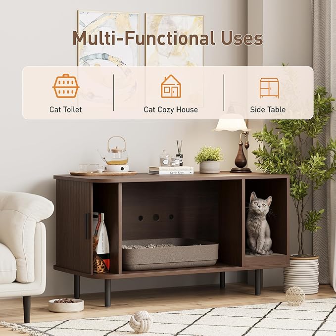 Cat Litter Box Enclosure with Cat Scratch Pad, Sliding Door, 37.4" Litter Box Enclosure Furniture Hidden Litter Box, Modern Indoor Cat House, TV Stand, Side End Table for Living Room, Walnut