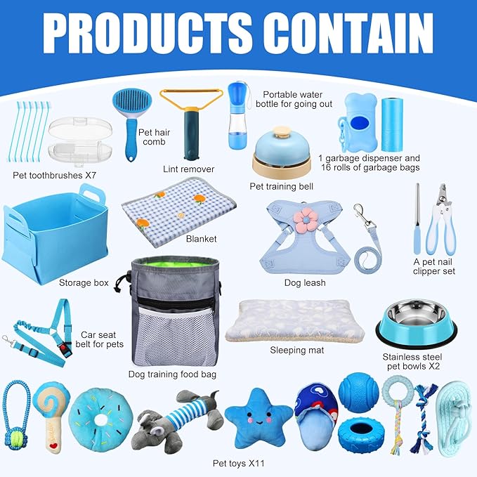 Abbylike 50 Pcs Puppy Supplies Starter Kit for Small Dogs Puppy Essentials Includes Leash, Bowls, Teeth Brushes, Water Bottle, and More Accessories for Dogs Pet Day Welcome Gift(Blue)