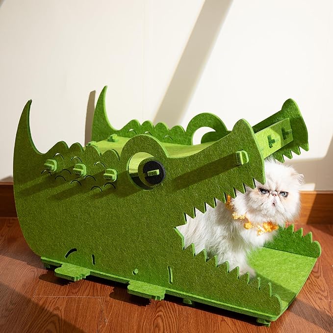 Cat Bed House, for 25 LBs Indoor Cats&Small Dogs, Large Cute Crocodile Felt Pet Perch, Insulated Washable Kitten Playhouse, Peekaboo Kitty Cave, Enclosed Puppy Nest, Multi Layer Bedside Cube Furniture