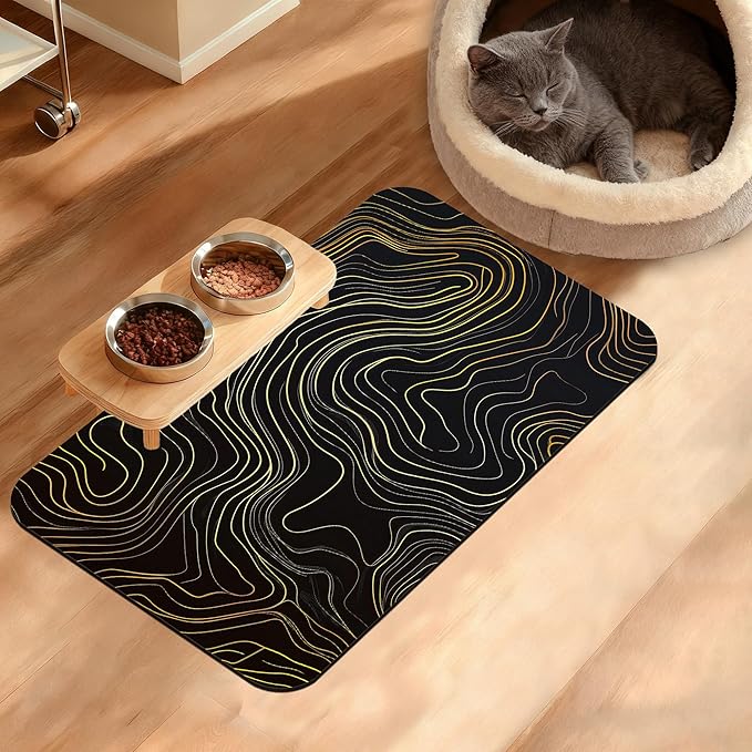 Dog Bowl Mat,Abstract Map Pet Feeding Mat for Floors Waterproof,Golden Lines Texture Absorbent Dogs Placemat for Food and Water Quick Dry Pet Cat Feeding Mats with Non Slip Bottom 12" x 20"