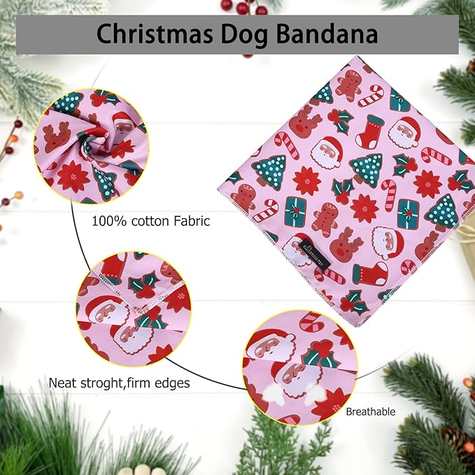 ARING PET Christmas Dog Bandanas, Pink Santa Claus Reindeer Gingerbread Man Christmas Tree Holiday Pet Bandana Scarf Triangle Bibs for Puppy Small Medium Large Boy Girl Dogs Cats-L