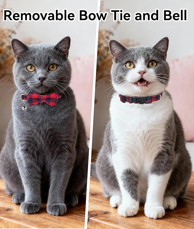 Joytale Upgraded Cat Collar with Bells, Breakaway Cat Collars with Bow Tie, 1 Pack Girl Boy Safety Plaid Kitten Collars, Red