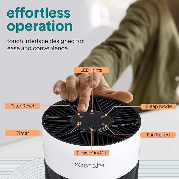 SereneLife Portable Air Purifier - Small Air Purifier with Aroma Box & Ambient Light, High Filtration Efficiency, 2-Speed, Timer & Sleep Mode, Filter Change Reminder, 6 x 6 x 12 in. (White)