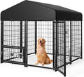 Sino Luban Outdoor Dog Kennel Outside Run with Doggy Door, Swivel Feeder&Roof - 5x5x5FT Large Dog Kennels Pens Outside for Medium/Large Dogs - Heavy Duty Cage Yard (Can Connect to Your Dog House)