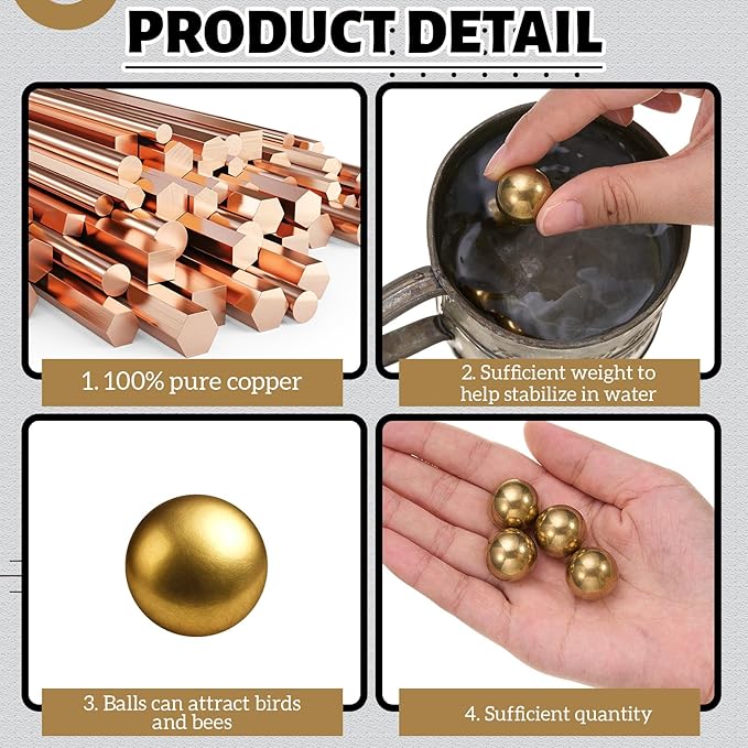 4 Pcs Bird Bath Copper Disk Balls, Spherical Design Purity Disk for Maximum Surface Contact, Natural Water Purification, Universal Fit Outdoor Birdbaths, All Season Use(Brass,20 mm)
