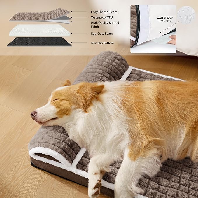 Orthopedic Dog Bed Medium Size Dog with Pillow 30''X20'', Waterproof Soft Comfortable Egg Crate Foam Pet Crate Beds Mat with Removable Washable Cover and Non-Slip Bottom, Taupe