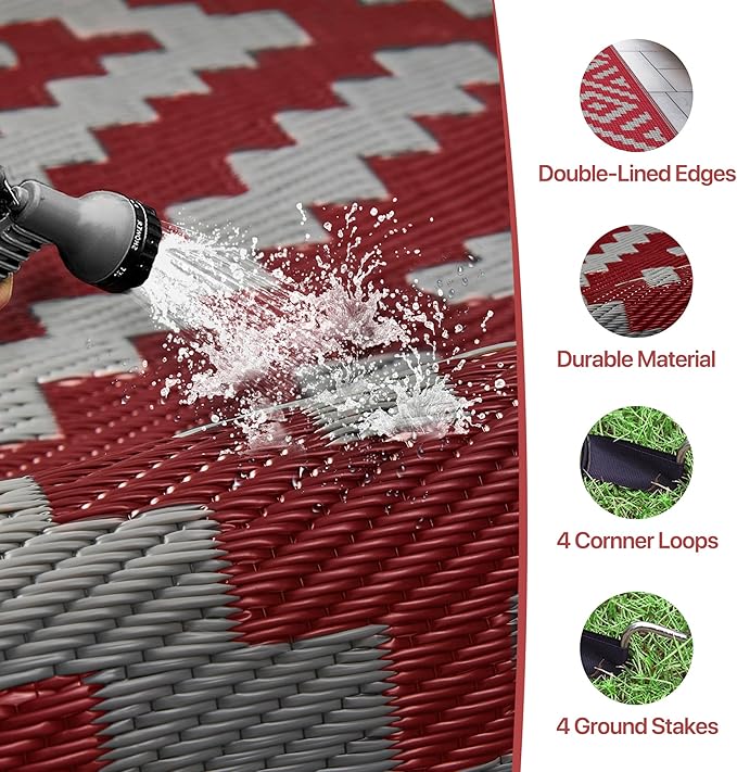 GENIMO Christmas Outdoor Rug for Patio Clearance, 6'x9' Reversible Plastic Straw Rugs, Lightweight Waterproof RV Camping Mat for Camper, Balcony, Deck, Backyard, Picnic, Red Grey