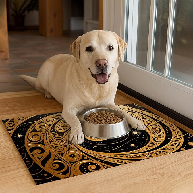 Cat Feeding Mat 24x16 inch Gold Black Artistic Cat Print Pet Bowl Placemat Non Slip Floor Mat for Food and Water Indoor Kitty Feeding Station Elegant Meal Pad for Small Pets Kitchen Use