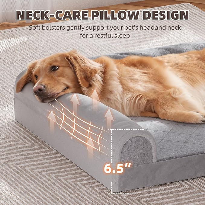Simple Trending Orthopedic Dog Beds Large Sized, Dog Couch Sofa Bed with Washable Cover, Waterproof Egg-Crate Foam Pet Bed with Sides, Grey