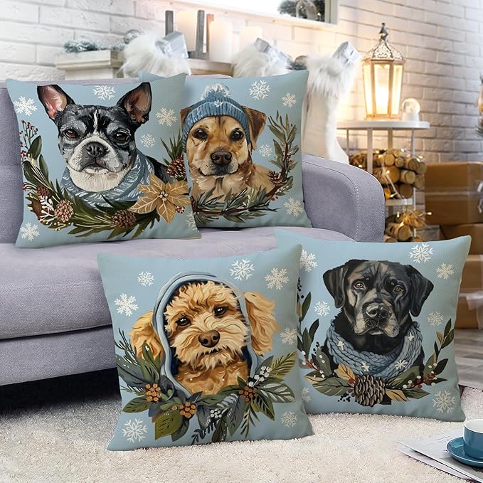Fahrendom Winter Dogs Decorative Throw Pillow Covers 18 x 18 Set of 4, Boston Terrier Labrador Goldendoodle Porch Outdoor Pillowcase Pet Owner Lover Gifts, Christmas Sofa Couch Cushion Case Home Decor