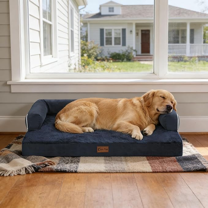 Orthopedic Dog Beds for Extra Large Dogs, Waterproof Egg Crate Foam XL Dog Bed with Sides 41x27Inch, Washable Big Dogs Couch Beds with Removable Cover and Nonskid Bottom, Navy Blue