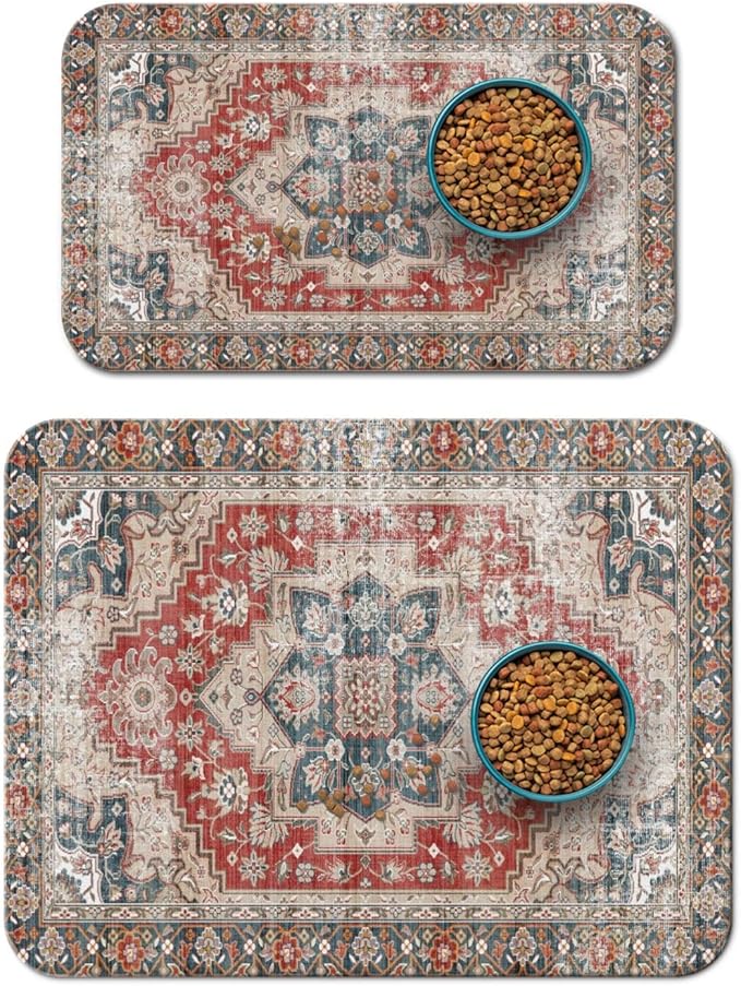 2 Pack Dog Food Mats for Floors, Absorbent and Quick-Drying Pet Cat Food Mat,Anti-Fouling and Easy-to-Clean Pet Feeding Mat,Dog Bowl Mat for Messy Drinking Water Bowls.12 x20+18"x24", Bohemia Style