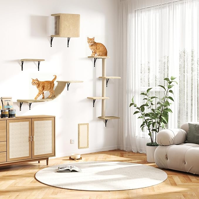COZIWOW Wall Mounted Cat Furniture, Cat Wall Shelves and Perches, Floating Cat Shelves for Wall Set of 5(Beige)