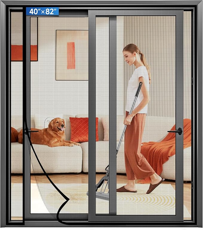 Magnetic Screen Door Left Right Side Opening Upgraded PET Mesh Greater Than Fiberglass and Polyester,Keep Bugs Out,Pet & Kid Friendly,Suitable for Sliding Doors,Screen Size-40" X 82"