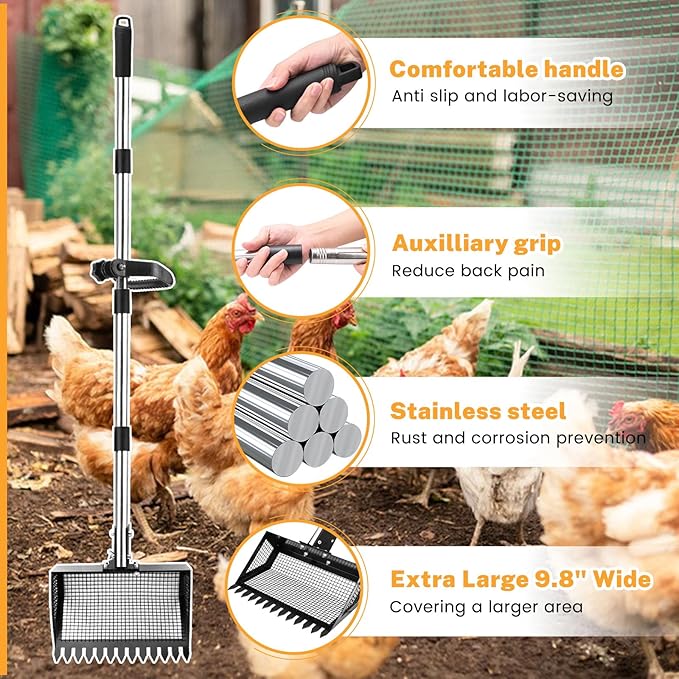 9.8×9.1in Chicken Poop Scooper, Chicken Coop Rake, Multifunctional 2 in 1 Sifting Shovel for Cow Shed Raking/Pet Waste/Yard Cleanup, Adjustable Length/Angle Coop Scoop with Ergonomic Handle (Black)