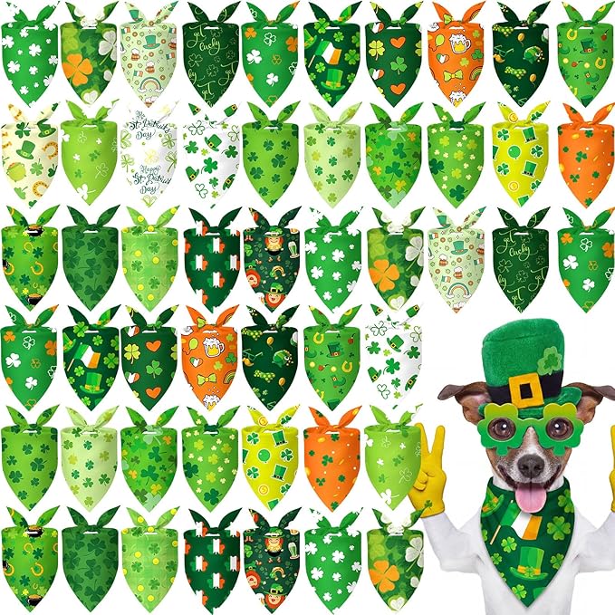 Abbylike 50 Pcs St Patrick's Day Dog Bandanas Bulk Green Shamrocks Bandanas for Dogs Triangle Kerchief Bibs Scarf for Pet Irish Costume Photo Props Pet Shops Groomer, 25 Styles (25.6 x 17.7 x 17.7)