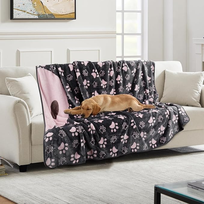 Upgraded Dog Blankets for Large Dogs, Cat Flannel Blankets Washable, with Premium 300GSM Soft Pet Throw Cover for Kennel Crate Bed, Cute Paw Pattern,50x60 inch,Grey & Pink.